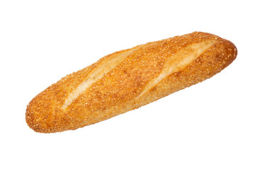 Wheat loaf with sesame seeds on a white isolated background. Flat lay. Copy space.