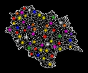 Web mesh vector map of Himachal Pradesh State with glare effect on a black background. Abstract lines, light spots and circle dots form map of Himachal Pradesh State constellation.
