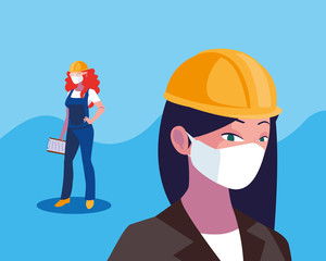 Architect and builder woman with mask and helmet vector design