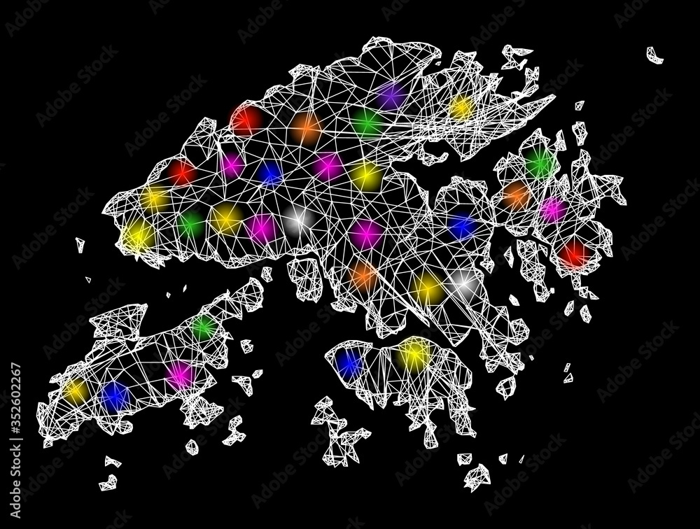 Poster web mesh vector map of hong kong with glare effect on a black background. abstract lines, light spot