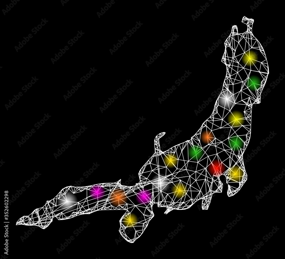 Poster web mesh vector map of honshu island with glare effect on a black background. abstract lines, light 