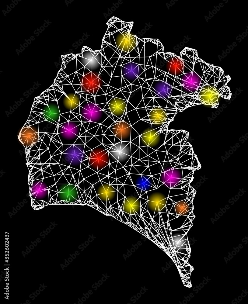 Poster web mesh vector map of huelva province with glare effect on a black background. abstract lines, ligh