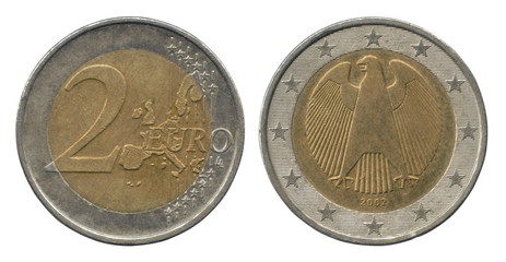 2 Euro coin of the Federal Republic of Germany isolated on a white background. Obverse and reverse.