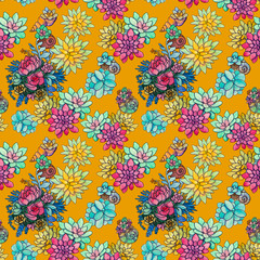 Painted succulents on an orange background, seamless plant pattern