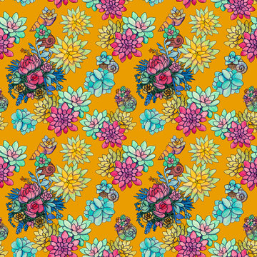 Painted succulents on an orange background, seamless plant pattern