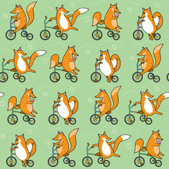 Fototapeta premium Seamless pattern with foxes on bicycles, clouds and birds. Animalistic vector background. Orange, white and green tones