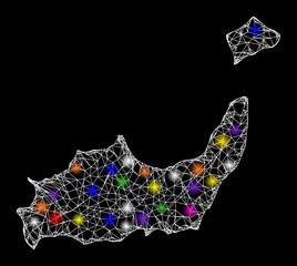 Web mesh vector map of Inagua Islands with glare effect on a black background. Abstract lines, light spots and small circles form map of Inagua Islands constellation.