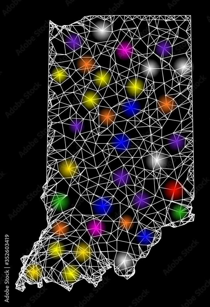 Aufkleber web mesh vector map of indiana state with glare effect on a black background. abstract lines, light 