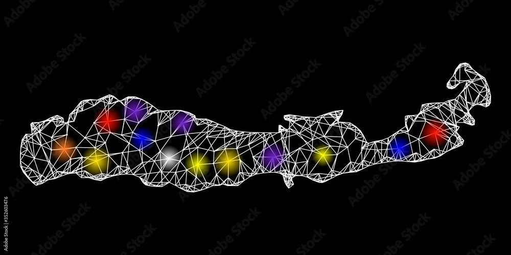 Poster web mesh vector map of indonesia - flores island with glare effect on a black background. abstract l