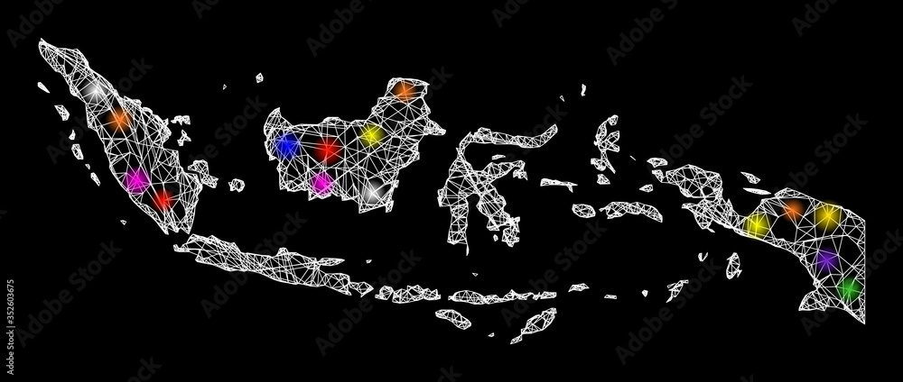 Poster web mesh vector map of indonesia with glare effect on a black background. abstract lines, light spot
