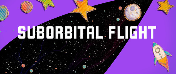 Suborbital Flight theme with space background with a rocket, moon, stars and planets