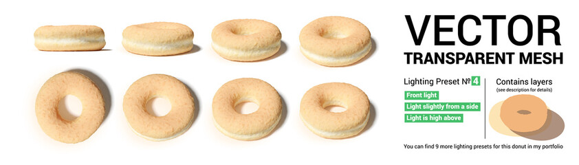 Set of donut buns captured from different camera angles.
Contains 3 separate layers: buns, shadow and reflected light.
Please check my gallery for 9 more various lighting presets of this set. - 352603859