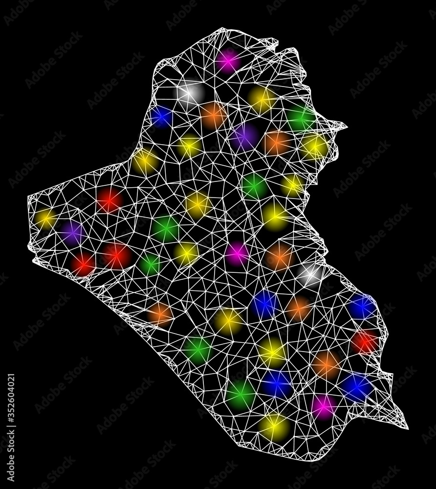 Aufkleber web mesh vector map of iraq with glare effect on a black background. abstract lines, light spots and