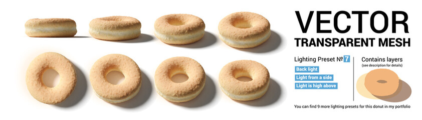 Set of donut buns captured from different camera angles.
Contains 3 separate layers: buns, shadow and reflected light.
Please check my gallery for 9 more various lighting presets of this set. - 352604092