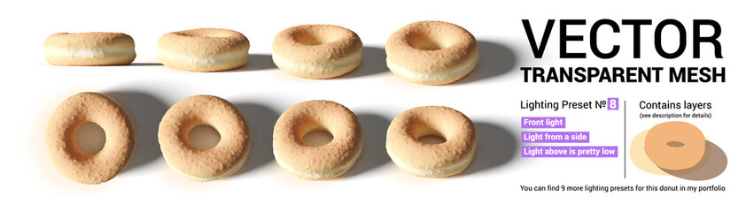 Set of donut buns captured from different camera angles.
Contains 3 separate layers: buns, shadow and reflected light.
Please check my gallery for 9 more various lighting presets of this set. - 352604097
