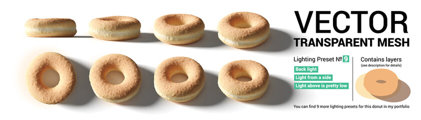 Set of donut buns captured from different camera angles.
Contains 3 separate layers: buns, shadow and reflected light.
Please check my gallery for 9 more various lighting presets of this set.