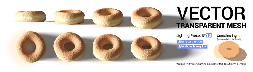 Set of donut buns captured from different camera angles.
Contains 3 separate layers: buns, shadow and reflected light.
Please check my gallery for 9 more various lighting presets of this set. - 352604217