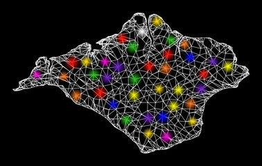 Web mesh vector map of Isle of Wight with glow effect on a black background. Abstract lines, light spots and spheric points form map of Isle of Wight constellation.