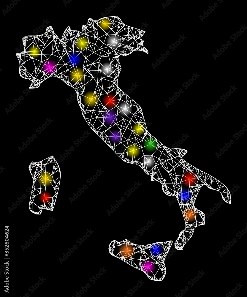 Poster web mesh vector map of italy with glare effect on a black background. abstract lines, light spots an