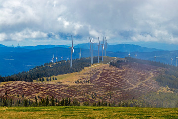 Wind turbines summer autumn landscape. Concept: Green power energy generation, wind farm