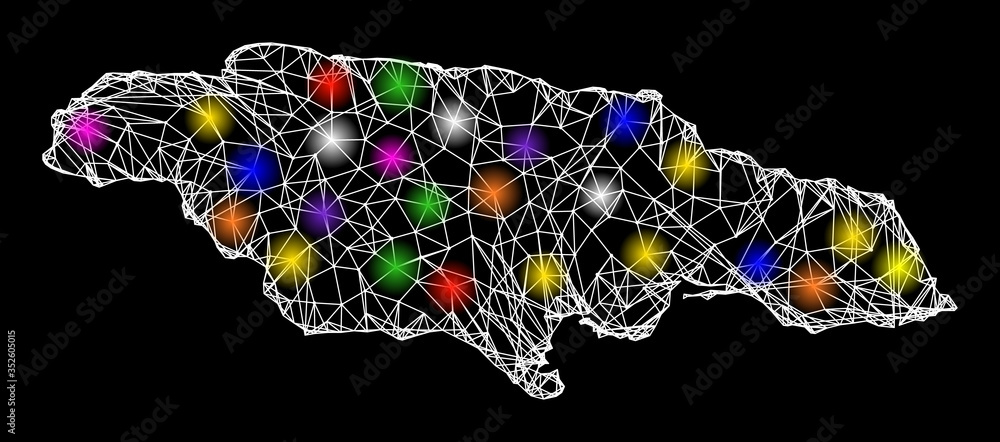 Poster web mesh vector map of jamaica with glare effect on a black background. abstract lines, light spots 