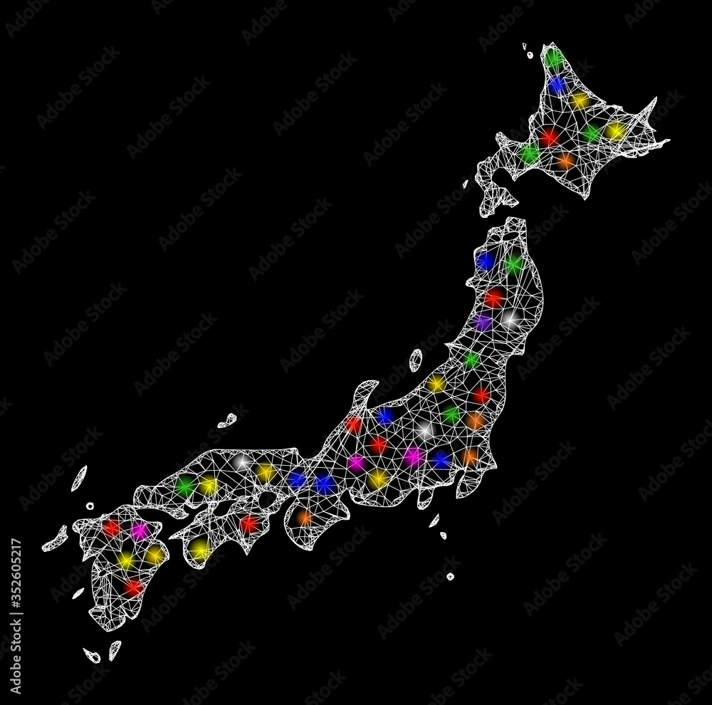 Poster web mesh vector map of japan with flare effect on a black background. abstract lines, light spots an