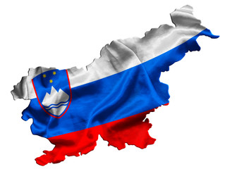 Fototapeta premium Waving textile flag of Slovenia fills country map. White isolated background, 3d illustration.
