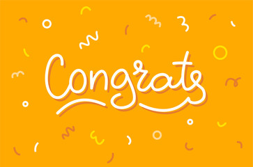 Vector typography illustration of word congrats with confetti on yellow background. Congratulation inscription for greeting card, banner, invitation.