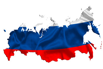 Fototapeta premium Waving textile flag of Russia fills country map. White isolated background, 3d illustration.