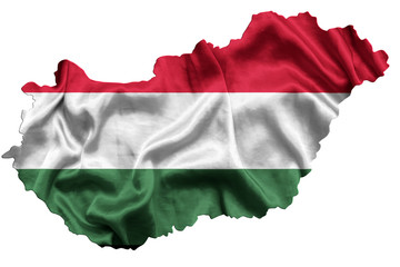 Waving textile flag of Hungary fills country map. White isolated background, 3d illustration.