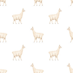 Watercolor hand drawn seamless pattern with white llama isolated on white background. Trendy light minimalistic design for textile, wrapping paper, wallpaper etc.