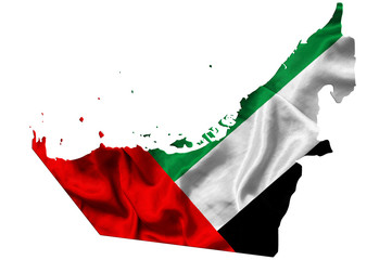 Waving textile flag of United Arab Emirates fills country map. White isolated background, 3d illustration.