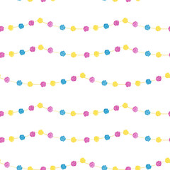 Watercolor hand drawn seamless pattern with colorful birthday party garlands pompom. Good for  invitations, wallpaper, packaging, kids designs.