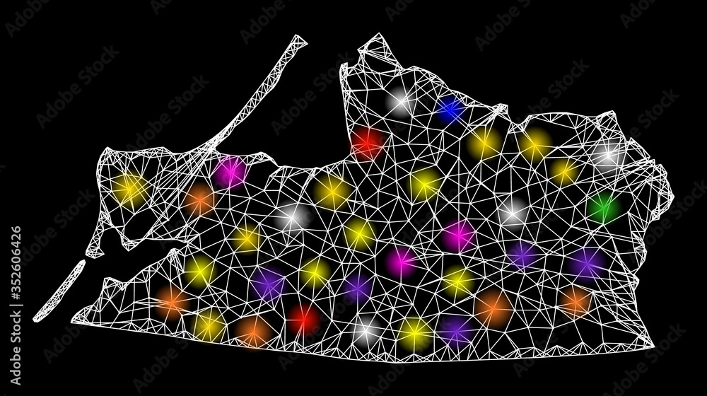Poster web mesh vector map of kaliningrad region with glare effect on a black background. abstract lines, l