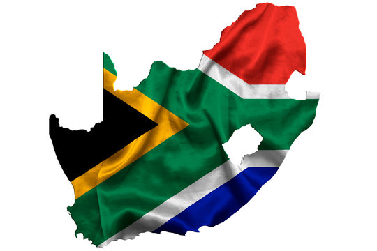 Waving textile flag of Republic of South Africa fills country map. White isolated background, 3d illustration.