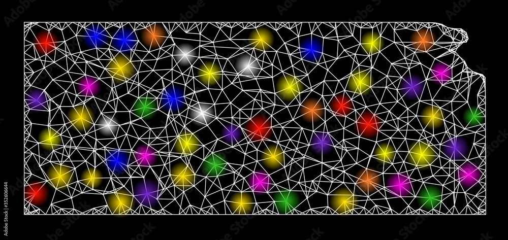 Aufkleber web mesh vector map of kansas state with glare effect on a black background. abstract lines, light s