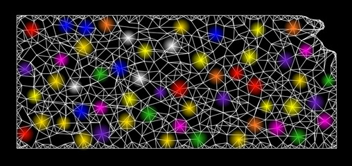 Web mesh vector map of Kansas State with glare effect on a black background. Abstract lines, light spots and spheric points form map of Kansas State constellation.