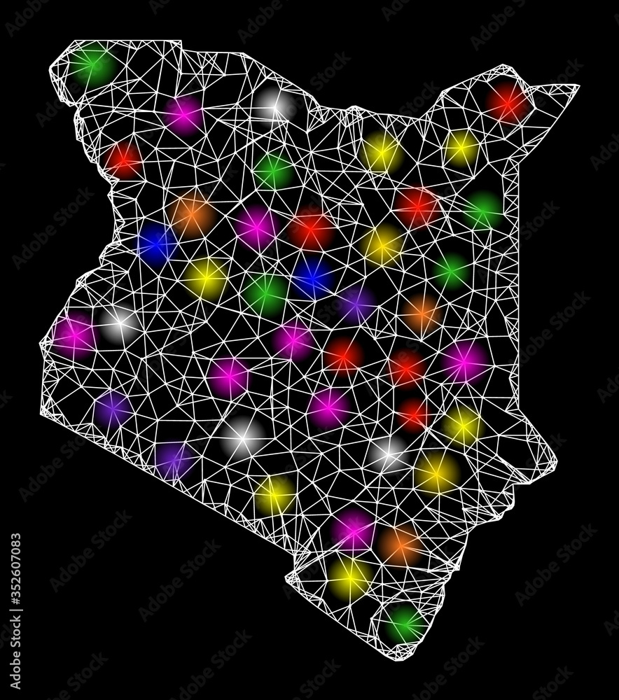 Poster web mesh vector map of kenya with glare effect on a black background. abstract lines, light spots an