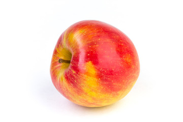 a juicy red with yellow apple on a white background.