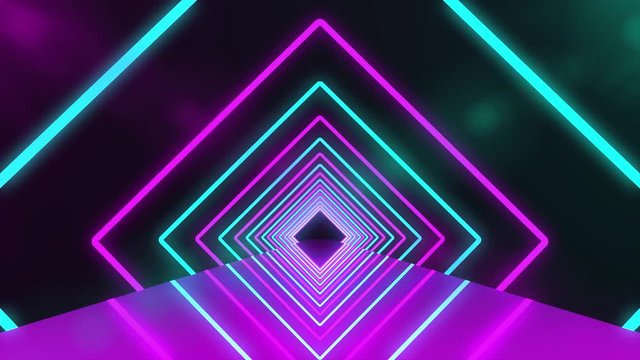 Futuristic neon tunnel with purple lights. Abstract 3d animation of glowing neon bright lines geometric shapes and mirror reflection