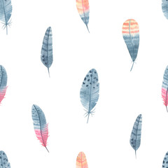 Watercolor seamless pattern with feathers on white background. Abstract boho feathers background perfect for wrapping paper, covers, textile, wallpaper.