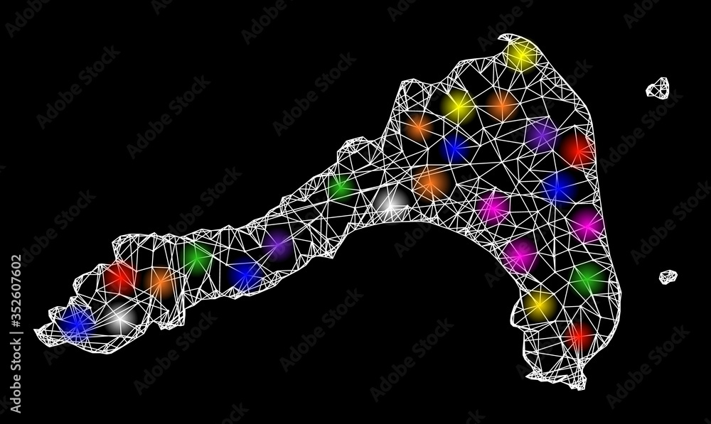 Poster web mesh vector map of koh lipe with glare effect on a black background. abstract lines, light spots