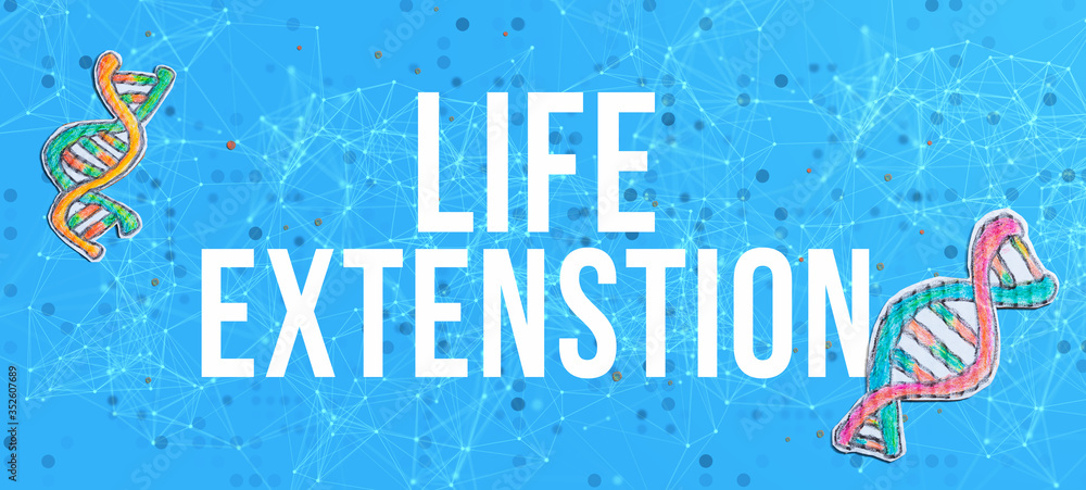 Poster life extension theme with dna and abstract network patterns