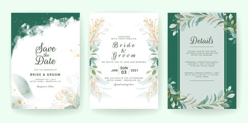 Fototapeta na wymiar Golden greenery wedding invitation template set with leaves, glitter, and border. Floral decoration vector for save the date, greeting, thank you, rsvp, etc
