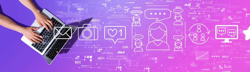 Social media theme with woman using a laptop computer