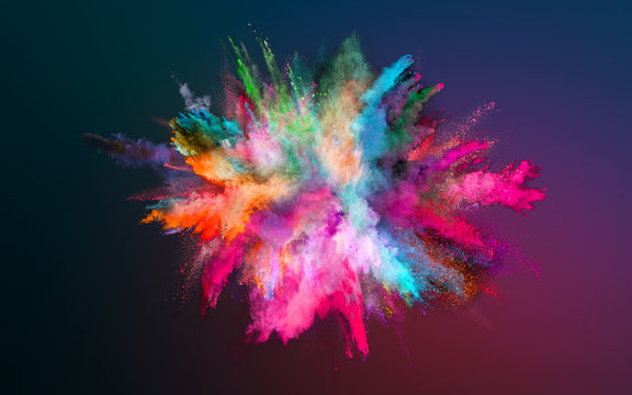 Launched colorful powder on black background, freeze motion