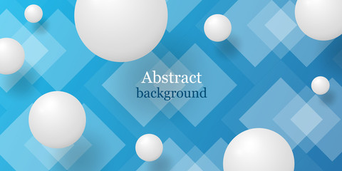 Blue background 3D. Layered paper backdrop with white spheres. Abstract geometric background. Transparent rhombuses and balls. Vector illustration. Horizontal banner. Design card, cover, wallpaper.