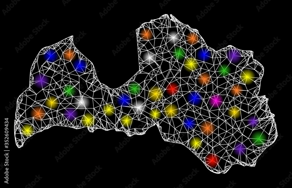 Poster web mesh vector map of latvia with glare effect on a black background. abstract lines, light spots a