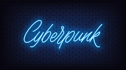 Blue neon Cyberpunk, lettering. Neon text of Cyberpunk on black brick background
