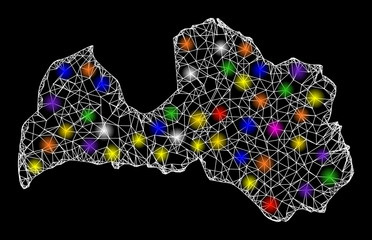 Web mesh vector map of Latvia with glare effect on a black background. Abstract lines, light spots and spheric points form map of Latvia constellation.